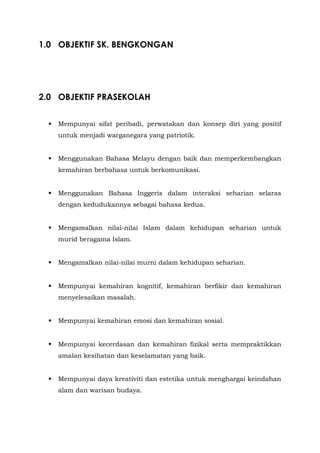 1.0 OBJEKTIF SK. BENGKONGAN
2.0 OBJEKTIF PRASEKOLAH
 Mempunyai sifat peribadi, perwatakan dan konsep diri yang positif
untuk menjadi warganegara yang patriotik.
 Menggunakan Bahasa Melayu dengan baik dan memperkembangkan
kemahiran berbahasa untuk berkomunikasi.
 Menggunakan Bahasa Inggeris dalam interaksi seharian selaras
dengan kedudukannya sebagai bahasa kedua.
 Mengamalkan nilai-nilai Islam dalam kehidupan seharian untuk
murid beragama Islam.
 Mengamalkan nilai-nilai murni dalam kehidupan seharian.
 Mempunyai kemahiran kognitif, kemahiran berfikir dan kemahiran
menyelesaikan masalah.
 Mempunyai kemahiran emosi dan kemahiran sosial.
 Mempunyai kecerdasan dan kemahiran fizikal serta mempraktikkan
amalan kesihatan dan keselamatan yang baik.
 Mempunyai daya kreativiti dan estetika untuk menghargai keindahan
alam dan warisan budaya.
 