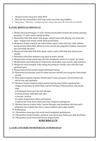 1. Menjadi urusetia mesyuarat induk HEM
2 . Mencatat dan menyediakan minit bagi setiap mesyuarat yang diadakan.
3. Menyelaras / Merumus / melapor hasilan semua mesyuarat JK di bawah Unit HEM.
B. GURU BERTUGAS MINGGUAN
1. Datang sekurang-kurangnya 15 minit sebelum persekolahan bermula dan pulang sekurang-
kurangnya 15 minit setelah sekolah berakhir.
2. Memastikan bilik-bilik darjah telah disapu, sampah sarap telah dibuang serta lampu dan
kipas / tingkap telah ditutup setelah tamat persekolahan.
3. Mengawasi disiplin murid di luar waktu belajar seperti waktu rehat dan waktu sebelum
loceng pertama dibunyikan, sekitar kawasan sekolah dan mengambil tindakan yang segera
dan munasabah jika perlu.
4. Mengawasi kebersihan bilik-bilik darjah, tandas, kantin, bilik-bilik khas dan kawasan
sekolah.
5. Memeriksa kebersihan makanan yang dijual di kantin sekolah.
6. Menguruskan rawatan murid yang sakit dan menghantar mereka ke hospital / ke rumah.
7. Mengeluarkan surat kebenaran ke hospital dan merekodkan nama mereka yang memohon.
8. Mengawasi murid menepati waktu datang dan pulang ke sekolah, masa rehat dan masa
pertukaran guru.
9. Menguruskan hal-hal bersabit dengan kehilangan barang.
10. Menentukan keselamatan murid di sekitar kawasan sekolah serta mengawasi harta benda
sekolah.
11. Mencatatkan kegiatan-kegiatan sekolah seperti sukan, persatuan, unit beruniform dan
aktiviti lain yang dijalankan.
12. Membuat catatan mengenai perkara-perkara penting yang berlaku sepanjang hari /
minggu persekolahan ke dalam Buku Laporan Bertugas, Perkara-perkara yang dicatat
ialah:
a) kedatangan murid, guru dan staf sokongan
b) murid ponteng, tidak hadir atau sakit
c) lawatan / pelawat
d) ucapan/ pengumuman dalam perhimpunan
e) laporan hari Isnin ditulis dalam buku khas mengenai perhimpunan
13. Membuat laporan di dalam Buku Laporan Bertugas yang disediakan dan kalau perlu
dilaporkan terus kepada Guru Besar supaya tindakan segera dapat diambil.
14. Perhimpunan
14.1 Memastikan semua guru dan murid-murid menghadiri perhimpunan.
14.2 Memastikan bendera-bendera, pembesar suara dan tempat duduk guru telah disediakan.
14.3 Memastikan murid-murid telah beratur dengan kemas.
KOKURIKULUM
A. GURU UNIT BERUNIFOM/PERSATUAN/PERMAINAN
 