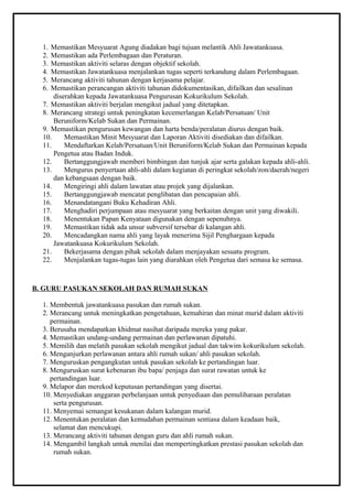 1. Memastikan Mesyuarat Agung diadakan bagi tujuan melantik Ahli Jawatankuasa.
2. Memastikan ada Perlembagaan dan Peraturan.
3. Memastikan aktiviti selaras dengan objektif sekolah.
4. Memastikan Jawatankuasa menjalankan tugas seperti terkandung dalam Perlembagaan.
5. Merancang aktiviti tahunan dengan kerjasama pelajar.
6. Memastikan perancangan aktiviti tahunan didokumentasikan, difailkan dan sesalinan
diserahkan kepada Jawatankuasa Pengurusan Kokurikulum Sekolah.
7. Memastikan aktiviti berjalan mengikut jadual yang ditetapkan.
8. Merancang strategi untuk peningkatan kecemerlangan Kelab/Persatuan/ Unit
Beruniform/Kelab Sukan dan Permainan.
9. Memastikan pengurusan kewangan dan harta benda/peralatan diurus dengan baik.
10. Memastikan Minit Mesyuarat dan Laporan Aktiviti disediakan dan difailkan.
11. Mendaftarkan Kelab/Persatuan/Unit Beruniform/Kelab Sukan dan Permainan kepada
Pengetua atau Badan Induk.
12. Bertanggungjawab memberi bimbingan dan tunjuk ajar serta galakan kepada ahli-ahli.
13. Mengurus penyertaan ahli-ahli dalam kegiatan di peringkat sekolah/zon/daerah/negeri
dan kebangsaan dengan baik.
14. Mengiringi ahli dalam lawatan atau projek yang dijalankan.
15. Bertanggungjawab mencatat penglibatan dan pencapaian ahli.
16. Menandatangani Buku Kehadiran Ahli.
17. Menghadiri perjumpaan atau mesyuarat yang berkaitan dengan unit yang diwakili.
18. Menentukan Papan Kenyataan digunakan dengan sepenuhnya.
19. Memastikan tidak ada unsur subversif tersebar di kalangan ahli.
20. Mencadangkan nama ahli yang layak menerima Sijil Penghargaan kepada
Jawatankuasa Kokurikulum Sekolah.
21. Bekerjasama dengan pihak sekolah dalam menjayakan sesuatu program.
22. Menjalankan tugas-tugas lain yang diarahkan oleh Pengetua dari semasa ke semasa.
B. GURU PASUKAN SEKOLAH DAN RUMAH SUKAN
1. Membentuk jawatankuasa pasukan dan rumah sukan.
2. Merancang untuk meningkatkan pengetahuan, kemahiran dan minat murid dalam aktiviti
permainan.
3. Berusaha mendapatkan khidmat nasihat daripada mereka yang pakar.
4. Memastikan undang-undang permainan dan perlawanan dipatuhi.
5. Memilih dan melatih pasukan sekolah mengikut jadual dan takwim kokurikulum sekolah.
6. Menganjurkan perlawanan antara ahli rumah sukan/ ahli pasukan sekolah.
7. Menguruskan pengangkutan untuk pasukan sekolah ke pertandingan luar.
8. Menguruskan surat kebenaran ibu bapa/ penjaga dan surat rawatan untuk ke
pertandingan luar.
9. Melapor dan merekod keputusan pertandingan yang disertai.
10. Menyediakan anggaran perbelanjaan untuk penyediaan dan pemuliharaan peralatan
serta pengurusan.
11. Menyemai semangat kesukanan dalam kalangan murid.
12. Menentukan peralatan dan kemudahan permainan sentiasa dalam keadaan baik,
selamat dan mencukupi.
13. Merancang aktiviti tahunan dengan guru dan ahli rumah sukan.
14. Mengambil langkah untuk menilai dan mempertingkatkan prestasi pasukan sekolah dan
rumah sukan.
 
