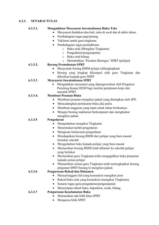 6.3.3.     SENARAI TUGAS

         6.3.3.1.   Mengadakan Mesyuarat Jawatankuasa Buku Teks
                       • Mesyuarat diadakan dua kali, iaitu di awal dan di akhir tahun.
                       • Pembahagian tugas pagi/petang
                       • Taklimat untuk guru tingkatan
                       • Pembahagian tugas pentadbiran;
                              o Buku stok (Mengikut Tingkatan)
                              o Pengedaran/pengumpulan
                              o Buku stok/hilang
                              o Menubuhkan ’Pasukan Bertugas’ SPBT (pelajar)
         6.3.3.2.   Borang Permohonan SPBT
                       • Menyemak borang BMM pelajar (dilengkapkan)
                       • Borang yang lengkap dikumpul oleh guru Tingkatan dan
                          diberikan kepada guru SPBT
         6.3.3.3    Mesyuarat Jawatankuasa SPBT
                       • Mengadakan mesyuarat yang dipengerusikan oleh Pengetua/
                          Penolong Kanan HEM bagi menilai perjalanan kerja dan
                          masalah SPBT.
         6.3.3.4.   Membuat Pesanan Buku
                       • Membuat pesanan mengikut jadual yang ditetapkan oleh JPN.
                       • Mencadangkan pertukaran buku jika perlu.
                       • Membuat anggaran yang tepat untuk tahun berikutnya.
                       • Mengisi borang maklumat berkomputer dan menghantar
                          mengikut jadual.
         6.3.3.5    Pengedaran
                       • Mengedarkan mengikut Tingkatan
                       • Menentukan tarikh pengedaran
                       • Mengesan kelancaran pengedaran
                       • Mendapatkan borang BMM dari pelajar yang baru masuk/
                          bertukar sekolah
                       • Mengedarkan buku kepada pelajar yang baru masuk
                       • Memastikan borang BMM telah dihantar ke sekolah pelajar
                          yang bertukar
                       • Memastikan guru Tingkatan telah mengagihkan buku pinjaman
                          kepada semua pelajar
                       • Memastikan semua guru Tingkatan telah melengkapkan borang
                          pinjaman SPBT/borang G mengikut jadual.
         6.3.3.6    Pengurusan Rekod dan Dokumen
                       • Menyelenggara fail yang kemaskini mengikut jenis
                       • Rekod buku stok yang kemaskini (mengikut Tingkatan)
                       • Senarai tugas guru-pengedaran/pengumpulan
                       • Menyimpan rekod buku, hapuskira, rosak, hilang.
         6.3.3.7    Pengurusan Keselamatan Buku
                       • Memastikan ada bilik khas SPBT
                       • Mengurus bilik SPBT
 