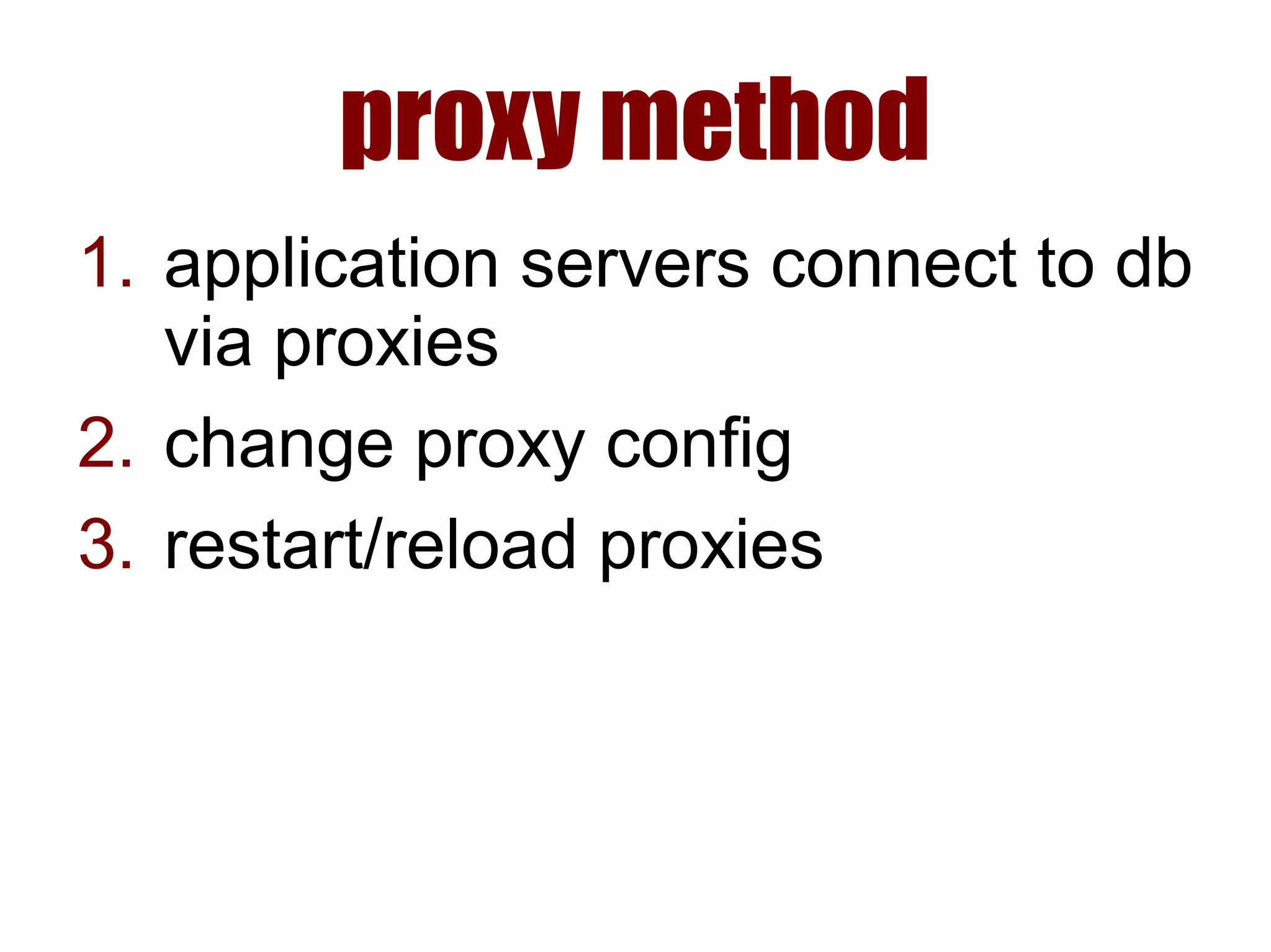 proxy method
1. application servers connect to db
via proxies
2. change proxy config
3. restart/reload proxies
 