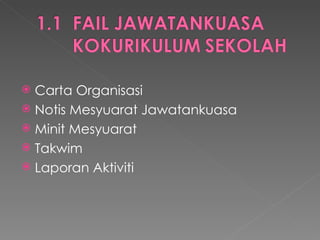 Carta Organisasi  Notis Mesyuarat Jawatankuasa  Minit Mesyuarat  Takwim  Laporan Aktiviti  