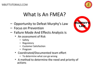 What Is An FMEA?
– Opportunity to Defeat Murphy’s Law
– Focus on Prevention
– Failure Mode And Effects Analysis is
• An assessment of Risk
– Safety
– Regulatory
– Customer Satisfaction
– Program
• Coordinated/Documented team effort
– To determine what can go wrong
• A method to determine the need and priority of
actions
MURPHY’S
LAW
 