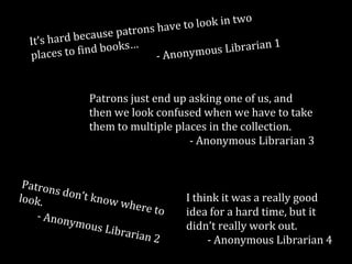 Patrons just end up asking one of us, and
then we look confused when we have to take
them to multiple places in the collection.
- Anonymous Librarian 3

I think it was a really good
idea for a hard time, but it
didn’t really work out.
- Anonymous Librarian 4

 