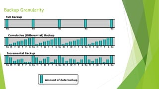 Backup Granularity
Full Backup
Su Su Su Su Su
Incremental Backup
Su Su Su Su SuM T TW F S M T TW F S M T TW F S M T TW F S
Cumulative (Differential) Backup
Su Su Su Su SuM T TW F S M T TW F S M T TW F S M T TW F S
Amount of data backup
 