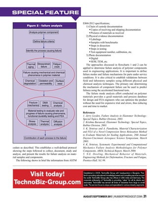 SPECIAL FEATURE
E860-2013 specifications;
1) Chain of custody documentation
• Copies of receiving and shipping documentation
• Pictures of materials as received
2) Physical evidence documentation
• Labelings
• Samples with benchmarks
• Steps in dissection
• Steps in testing
• Test equipment number, calibration, etc.
3) Photo documentation
• Digital
• SEM, TEM, etc.
The approaches discussed in flowcharts 1 and 2 can be
applied to determine failure analysis of polymer components
used in engineering applications. It is important to define
failure modes and failure mechanisms for parts under service
conditions. It is also critical to establish validations between
field and laboratory samples using different physical and
chemical analysis techniques. The primary rate determining
the mechanism of component failure can be used to predict
failures using the accelerated functional tests.
The failure mode analysis effort conducted on polymer
materials provides a good materials and process database
for design and FEA engineers who can optimize the product
without the need for expensive trial and errors, thus reducing
cost and time to market.
References
1. Jerry Leyden, Failure Analysis in Elastomer Technology:
Special Topics, Rubber Division, 2003.
2. Krishna Baranwal, Elastomer Technology: Special Topics,
Rubber Division, 2003.
3. K. Srinivas and A. Pannikottu, Material Characterization
and FEA of a Novel Compression Stress Relaxation Method
to Evaluate Materials for Sealing Applications, 28th Annual
Dayton-Cincinnati Aerospace Science Symposium, March
2003.
4. K. Srinivas, Systematic Experimental and Computational
Mechanics Failure Analysis Methodologies for Polymer
Components, ARDL Technical Report, March 2008.
5. N.E. Dowling, Mechanical Behavior of Materials,
Engineering Methods for Deformation, Fracture and Fatigue,
Prentice-Hall, NJ, 99.
AUGUST/SEPTEMBER 2017 | RUBBERTIREDIGEST.COM | 31
cedure as described. This establishes a well-defined protocol
showing the steps followed to collect, document, study and
analyze, and present the results for failure analysis on mate-
rial samples and components.
The following shows in brief the information from ASTM
Figure 2 - failure analysis
Analyze polymer component
Define failure criteria
Identify the process causing failure
Thermal
aging
Stress/strain
failure
Fatigue
crack
Failure causing mechanical and chemical
phenomena in polymer material
Chemical
degradation
Oxidation and
permeability
Surface
wear
Fracture
mechanics
DMA
testing
Chemical
analysis
Material testing to evaluate rate and
progress of failure causing phenomena,
functional durability testing and FEA
Stress
analysis
Thermal
analysis
Diffusion
analysis
Contribution of each process to the failure
Visit today!
TechnoBiz-Group.com
Established in 2005, TechnoBiz Group with headquarters in Bangkok, Thai-
land is providing educational, knowledge-based and consulting services around
the world. TechnoBiz Group also has offices in USA, India and Germany. The
corporate philosophy of TechnoBiz is providing “value” for all its clients and
associates. TechnoBiz has served all kinds of industries from large to small
scale. The service focus is unique and specialized in various industry segments.
 