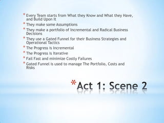* Every Team starts from What they Know and What they Have,
  and Build Upon It
* They make some Assumptions
* They make a portfolio of Incremental and Radical Business
  Decisions
* They use a Gated Funnel for their Business Strategies and
  Operational Tactics
* The Progress is Incremental
* The Progress is Iterative
* Fail Fast and minimize Costly Failures
* Gated Funnel is used to manage The Portfolio, Costs and
  Risks




                          *
 