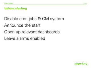 9/15/14
Before starting
FAILURE FRIDAY!
Disable cron jobs & CM system
Announce the start
Open up relevant dashboards
Leave alarms enabled
 