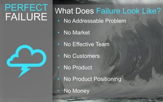 What Does Failure Look Like? 
• No Addressable Problem 
• No Market 
• No Effective Team 
• No Customers 
• No Product 
• ...