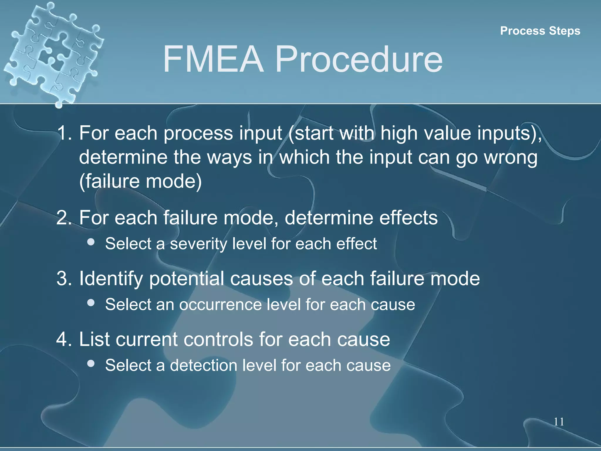 FMEA Procedure
11
1. For each process input (start with high value inputs),
determine the ways in which the input can go wrong
(failure mode)
2. For each failure mode, determine effects
 Select a severity level for each effect
3. Identify potential causes of each failure mode
 Select an occurrence level for each cause
4. List current controls for each cause
 Select a detection level for each cause
Process Steps
 
