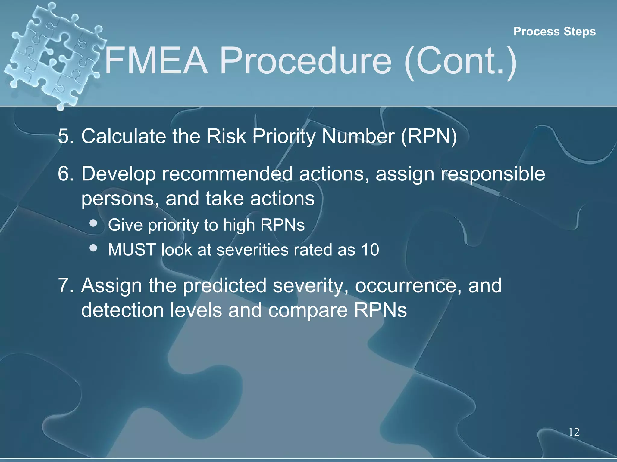 FMEA Procedure (Cont.)
12
5. Calculate the Risk Priority Number (RPN)
6. Develop recommended actions, assign responsible
persons, and take actions
 Give priority to high RPNs
 MUST look at severities rated as 10
7. Assign the predicted severity, occurrence, and
detection levels and compare RPNs
Process Steps
 