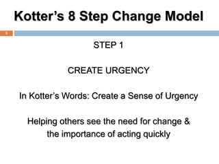 Kotter’s 8 Step Change Model
STEP 1
CREATE URGENCY
In Kotter’s Words: Create a Sense of Urgency
Helping others see the nee...
