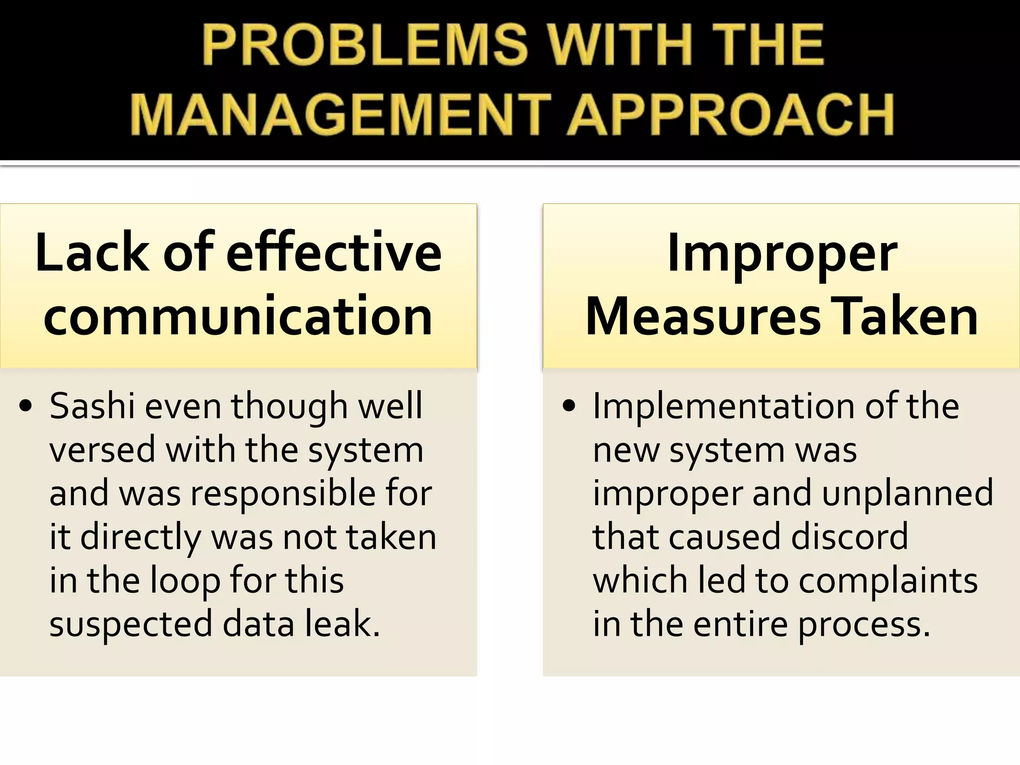 Lack of effective
communication
• Sashi even though well
versed with the system
and was responsible for
it directly was not taken
in the loop for this
suspected data leak.
Improper
MeasuresTaken
• Implementation of the
new system was
improper and unplanned
that caused discord
which led to complaints
in the entire process.
 