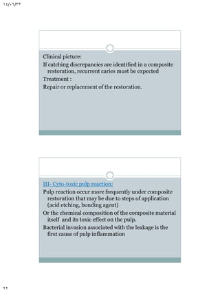 14/06/33

Clinical picture:
If catching discrepancies are identified in a composite
restoration, recurrent caries must be expected
Treatment :
Repair or replacement of the restoration.

III- Cyto-toxic pulp reaction:
Pulp reaction occur more frequently under composite
restoration that may be due to steps of application
(acid etching, bonding agent)
Or the chemical composition of the composite material
itself and its toxic effect on the pulp.
Bacterial invasion associated with the leakage is the
first cause of pulp inflammation

22

 