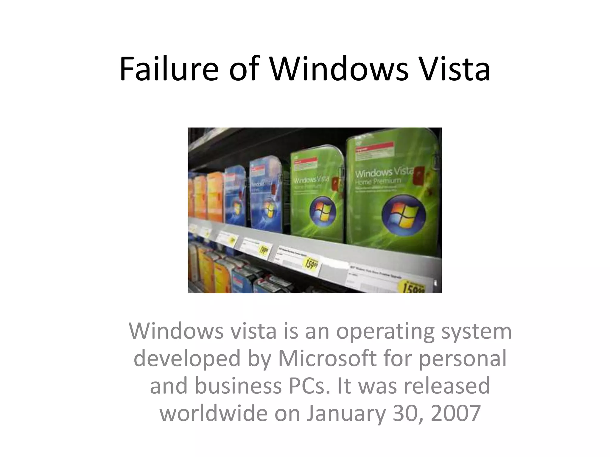 Failure of Windows Vista
Windows vista is an operating system
developed by Microsoft for personal
and business PCs. It was released
worldwide on January 30, 2007