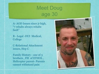 Meet Doug
age 30
A- AOD Issues since jr high,
“7 rehabs always rehabs
fault”
B - Legal -DUI Medical,
College
C-Relational Attachment
issues, Hep C
Family History - one of 3
brothers , FH of ETHOL ,
Helicopter parent- Parents
cannot withstand pain
 
