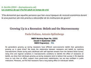 A.	
  GenHle	
  (2014	
  –	
  diarioeducacio.cat)	
  
Les	
  cicatrius	
  de	
  qui	
  s’ha	
  fet	
  adult	
  en	
  temps	
  de	
  crisi	
  
	
  
‘S'ha	
  demostrat	
  que	
  aquelles	
  persones	
  que	
  han	
  viscut	
  èpoques	
  de	
  recessió	
  econòmica	
  durant	
  
la	
  seva	
  joventut	
  són	
  més	
  proclius	
  a	
  desconﬁar	
  de	
  les	
  ins<tucions	
  de	
  govern’	
  
 