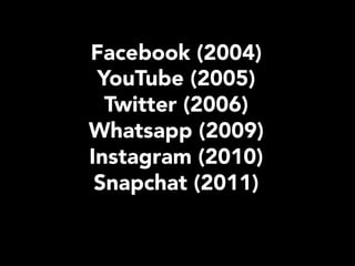 Facebook (2004)
YouTube (2005)
Twitter (2006)
Whatsapp (2009)
Instagram (2010)
Snapchat (2011)
 