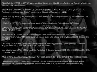 GRAHAM, S. y HEBERT, M. (2010): Writing to Read: Evidence for How Writing Can Improve Reading. Washington:
Alliance for Excellent Education.
GRAHAM, S., MCKEOWN, D. KIUHARA, S. y HARRIS, K. (2012): “A Meta‐Analysis of Writing Instruction for
Students in the Elementary Grades”, en Journal of Educational Psychology, 104 (4).
ITO, M. (2009): Hanging Out, Messing Around, and Geeking Out: Kids Living and Learning with New Media. The
MIT Press.
JENKINS, H. (2008): Convergence Culture: Where Old and New Media Collide. Revised. NYU Press.
JENKINS, H. et al. (2009): Confronting the Challenges of Participatory Culture: Media Education for the 21st
Century. The MIT Press.
PEW RESEARCH CENTER (2011): Americans and Social Trust: Who, Where and Why. En http://
pewresearch.org/pubs/414/americans‐and‐social‐trust‐ who‐where‐and‐why (accedido el 8 de diciembre
de 2012).
Chih-Hung Ko, Ju-Yu Yen, Cheng-Fang Yen, Huang-Chi Lin, and Ming-Jen Yang. CyberPsychology & Behavior.
August 2007, 10(4): 545-551. doi:10.1089/cpb.2007.9992.
 
Laura Widyanto and Mary McMurran. CyberPsychology & Behavior. August 2004, 7(4): 443-450. doi:10.1089/
cpb.2004.7.443.
 
Mark Griffiths. CyberPsychology & Behavior. April 2000, 3(2): 211-218. doi:10.1089/109493100316067.
 
Silvia Bernardi, Stefano Pallanti. Comprehensive Psichiatry. Department of Psichiatry, Mount Sinai School,
Manhattan, NY. Universitá degli Fierenze, Florence, Italy. Instituto di Neuroscienze Firenze, Florence, Italy.
	
  
 