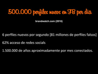 500.000 perfiles nuevs en FB per dia
1.500.000	
  de	
  años	
  aproximadamente	
  por	
  mes	
  conectados.	
  
6	
  perﬁles	
  nuevos	
  por	
  segundo	
  [81	
  millones	
  de	
  perﬁles	
  falsos]	
  
62%	
  acceso	
  de	
  redes	
  socials	
  
brandwatch.com (2016)
 