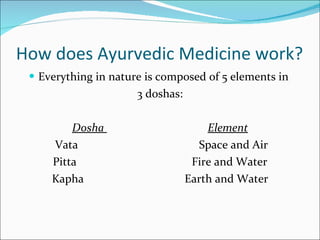 How does Ayurvedic Medicine work? <ul><li>Dosha </li></ul><ul><ul><li>Vata </li></ul></ul><ul><ul><li>Pitta </li></ul></ul...