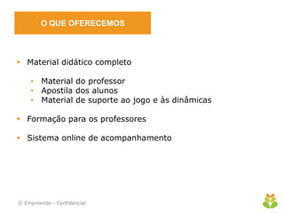 O QUE OFERECEMOS



 Material didático completo

    • Material do professor
    • Apostila dos alunos
    • Material de suporte ao jogo e às dinâmicas

 Formação para os professores

 Sistema online de acompanhamento




© Empreende - Confidencial
 