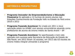 HISTÓRICO E PERSPECTIVAS



   Programa Inovador de Empreendedorismo e Educação
    Financeira foi aplicado a 12 turmas de jovens alunos nas
    Estações Conhecimento da Fundação Vale no Estado do Pará entre
    2010 e 2012

   Programa Fazendo Acontecer foi criado em 2011 e teve
    aplicação piloto na UFABC com alunos universitários atuando como
    professores de alunos do ensino médio de Santo André – SP

   Programa Fazendo Acontecer foi aperfeiçoado e tem sido
    aplicado com sucesso pela Secretaria da Educação do Estado de
    São Paulo: em 2012 foram 16 escolas; em 2013 são 63 escolas do
    ensino médio integral utilizando o programa




© Empreende - Confidencial
 