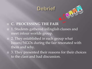  C. PROCESSING THE FAIR
 1. Students gathered inEnglish classes and
meet infour worlds group.
 2. They established in each group what
Issues/NGOs during the fair resonated with
them and why.
 3. They presented their reasons for their choices
to the class and had discussion.
 