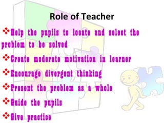 Role of Teacher 
Help the pupils to locate and select the 
problem to be solved 
Create moderate motivation in learner 
Encourage divergent thinking 
Present the problem as a whole 
Guide the pupils 
Give practice 
 