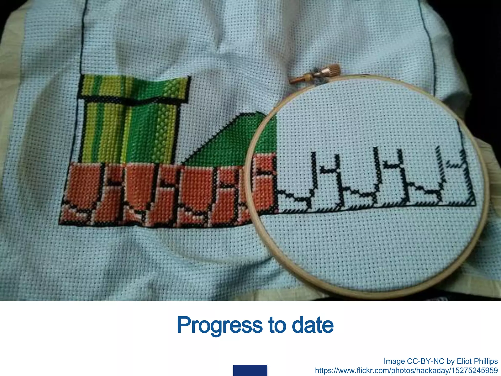 Progress to date
Image CC-BY-NC by Eliot Phillips
https://www.flickr.com/photos/hackaday/15275245959
 