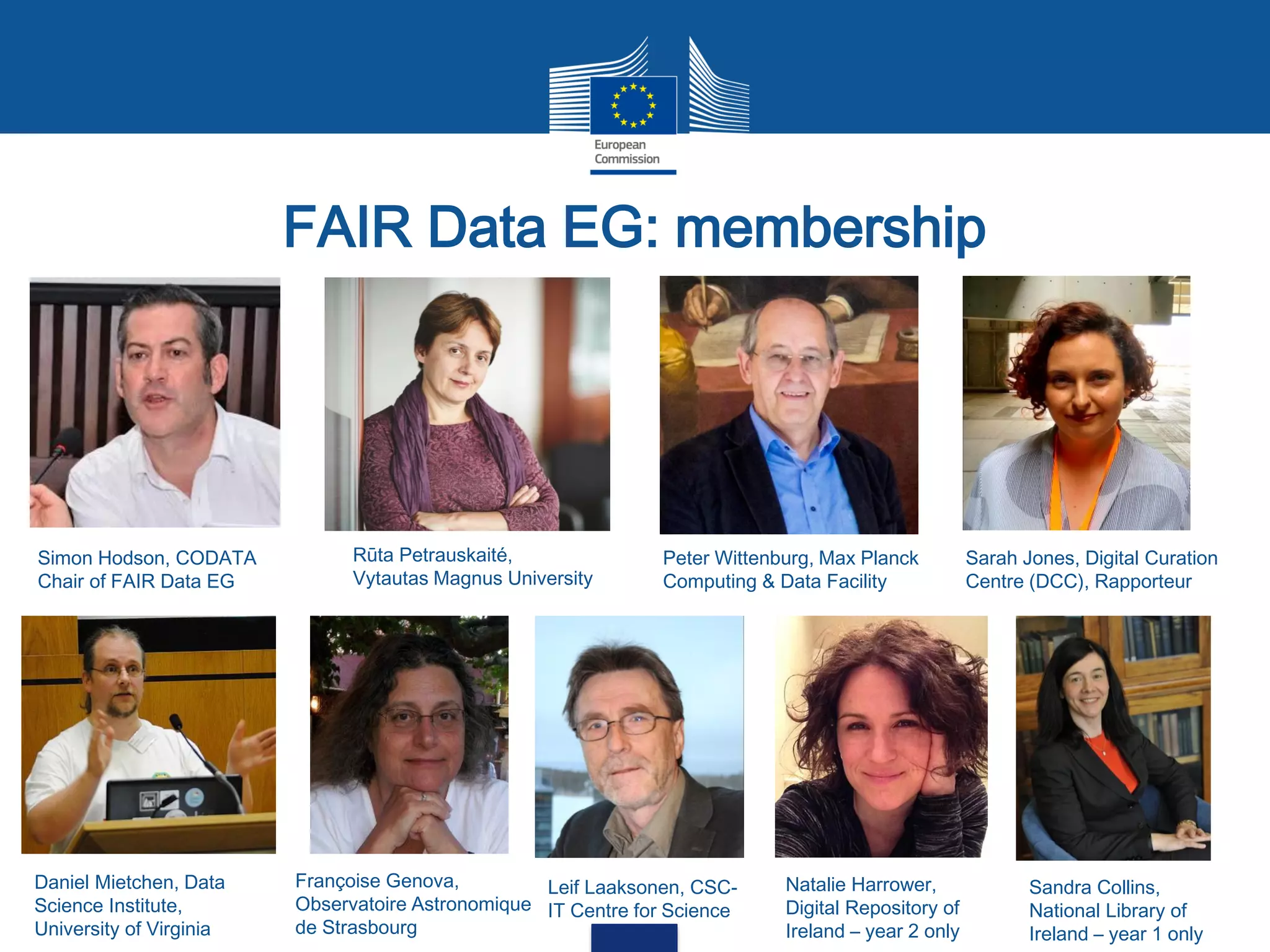 Simon Hodson, CODATA
Chair of FAIR Data EG
Rūta Petrauskaité,
Vytautas Magnus University
Peter Wittenburg, Max Planck
Computing & Data Facility
Sarah Jones, Digital Curation
Centre (DCC), Rapporteur
Daniel Mietchen, Data
Science Institute,
University of Virginia
Françoise Genova,
Observatoire Astronomique
de Strasbourg
Leif Laaksonen, CSC-
IT Centre for Science
Natalie Harrower,
Digital Repository of
Ireland – year 2 only
Sandra Collins,
National Library of
Ireland – year 1 only
FAIR Data EG: membership
 