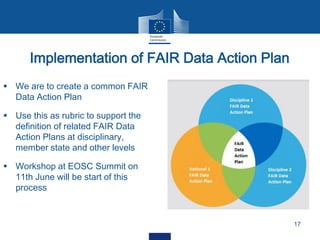 Implementation of FAIR Data Action Plan
17
 We are to create a common FAIR
Data Action Plan
 Use this as rubric to support the
definition of related FAIR Data
Action Plans at disciplinary,
member state and other levels
 Workshop at EOSC Summit on
11th June will be start of this
process
 