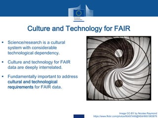 Culture and Technology for FAIR
 Science/research is a cultural
system with considerable
technological dependency.
 Culture and technology for FAIR
data are deeply interrelated.
 Fundamentally important to address
cultural and technological
requirements for FAIR data.
Image CC-BY by Nicolas Raymond
https://www.flickr.com/photos/80497449@N04/8691983876
 