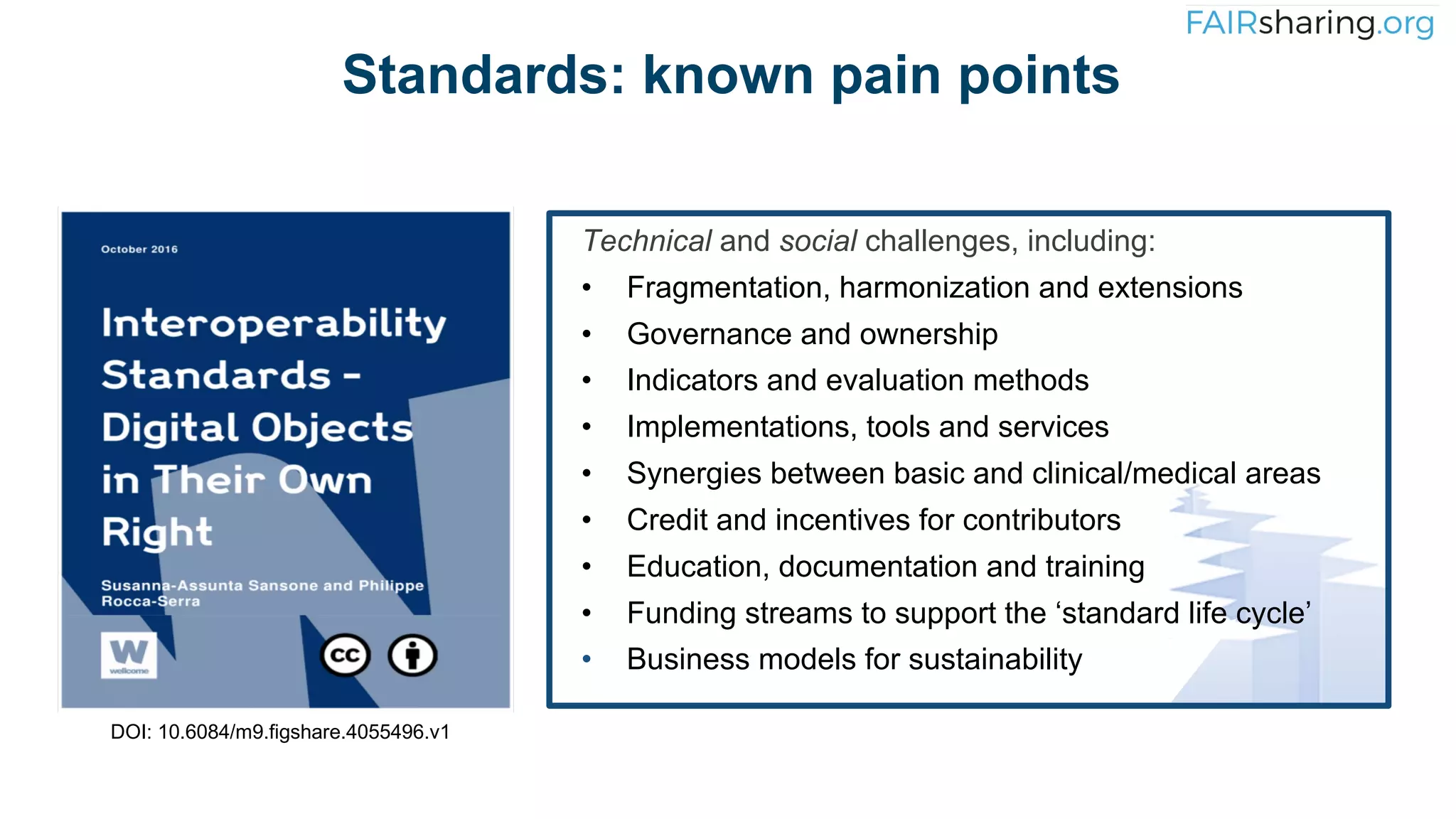 Standards: known pain points
DOI: 10.6084/m9.figshare.4055496.v1
Technical and social challenges, including:
• Fragmentation, harmonization and extensions
• Governance and ownership
• Indicators and evaluation methods
• Implementations, tools and services
• Synergies between basic and clinical/medical areas
• Credit and incentives for contributors
• Education, documentation and training
• Funding streams to support the ‘standard life cycle’
• Business models for sustainability
 