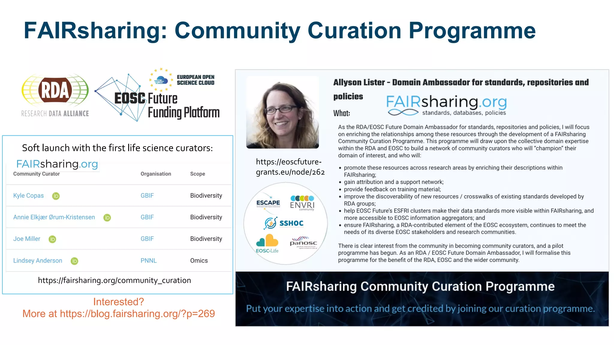 https://eoscfuture-
grants.eu/node/262
https://fairsharing.org/community_curation
Soft launch with the first life science curators:
FAIRsharing: Community Curation Programme
Interested?
More at https://blog.fairsharing.org/?p=269
 