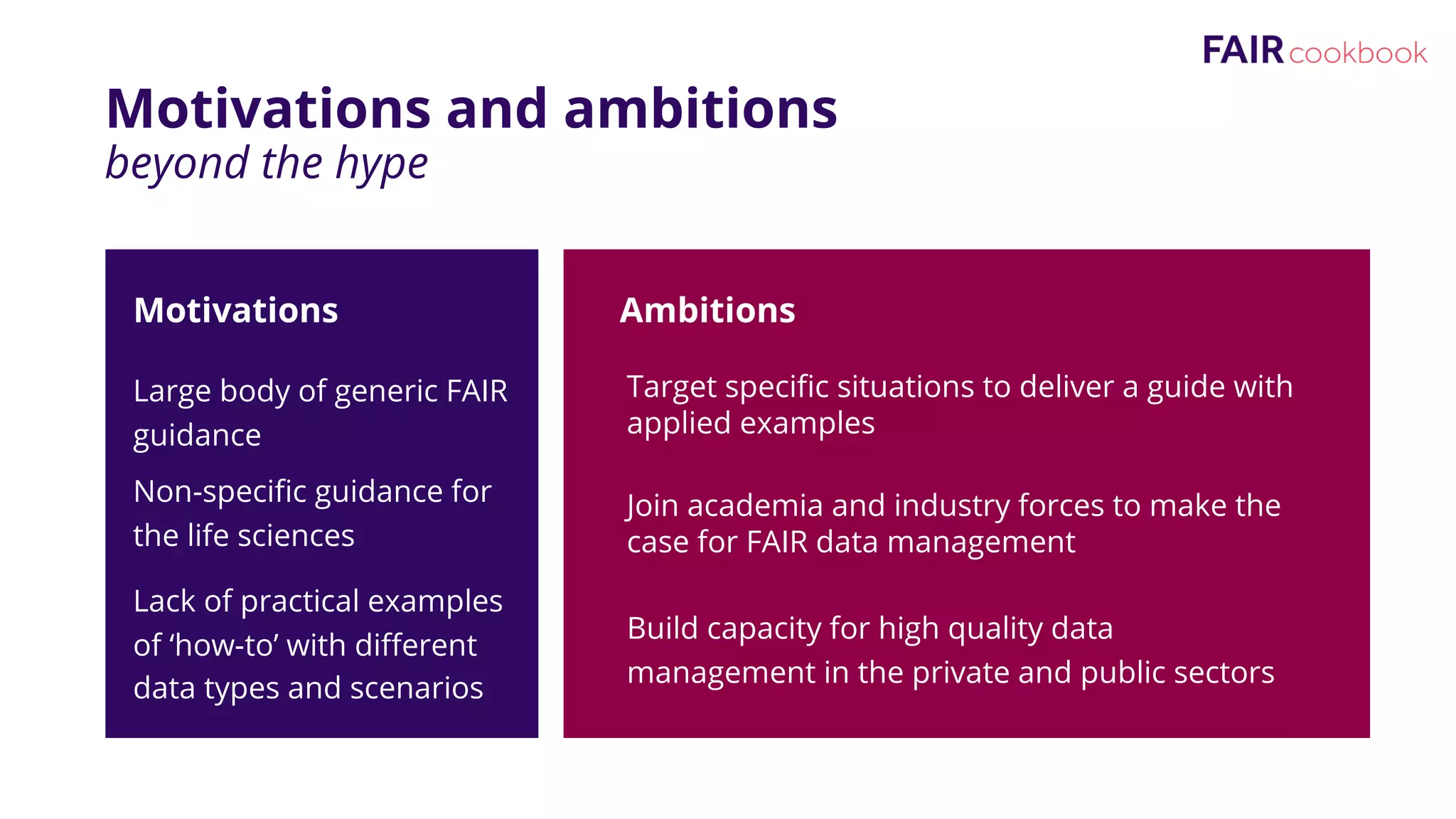 Motivations and ambitions
beyond the hype
Large body of generic FAIR
guidance
Motivations
Non-specific guidance for
the life sciences
Ambitions
Target specific situations to deliver a guide with
applied examples
Join academia and industry forces to make the
case for FAIR data management
Build capacity for high quality data
management in the private and public sectors
Lack of practical examples
of ‘how-to’ with different
data types and scenarios
 