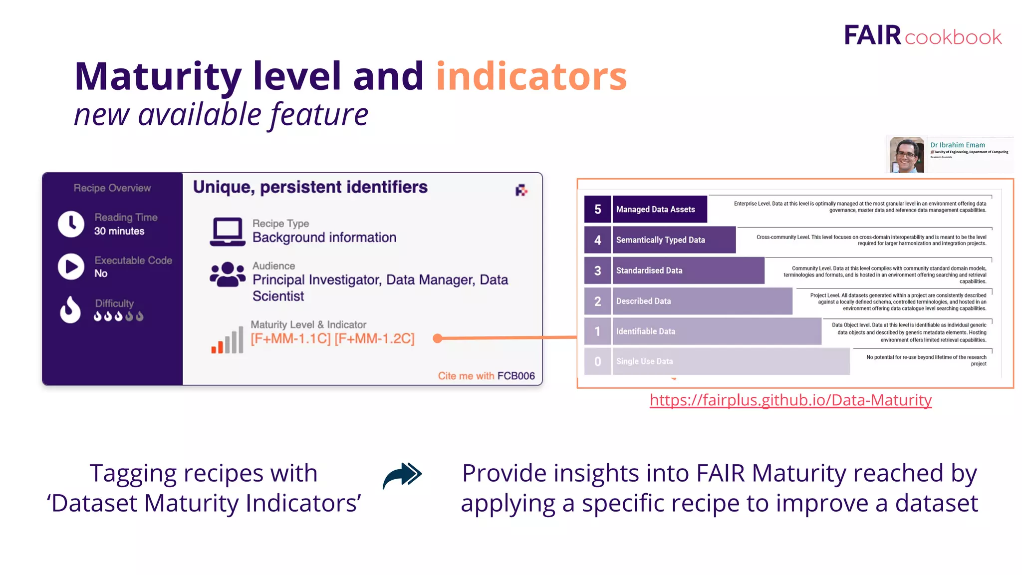 Tagging recipes with
‘Dataset Maturity Indicators’
Maturity level and indicators
new available feature
https://fairplus.github.io/Data-Maturity
Provide insights into FAIR Maturity reached by
applying a specific recipe to improve a dataset
 