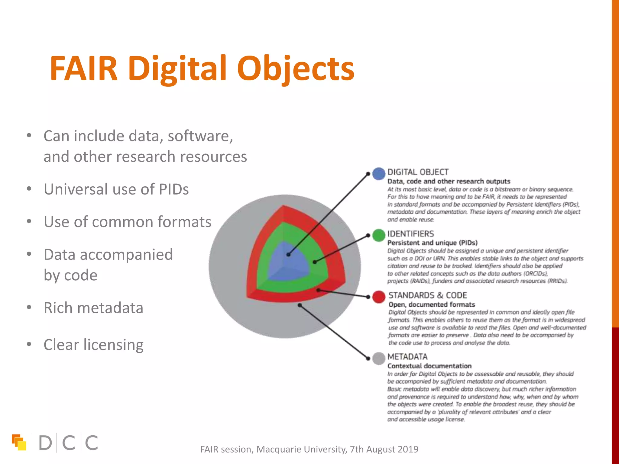 FAIR Digital Objects
• Can include data, software,
and other research resources
• Universal use of PIDs
• Use of common formats
• Data accompanied
by code
• Rich metadata
• Clear licensing
FAIR session, Macquarie University, 7th August 2019
 