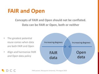 FAIR and Open
• The greatest potential
reuse comes when data
are both FAIR and Open
• Align and harmonise FAIR
and Open data policy
FAIR session, Macquarie University, 7th August 2019
Concepts of FAIR and Open should not be conflated.
Data can be FAIR or Open, both or neither
 