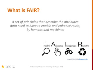 What is FAIR?
A set of principles that describe the attributes
data need to have to enable and enhance reuse,
by humans and machines
FAIR session, Macquarie University, 7th August 2019
Image CC-BY-SA by SangyaPundir
 