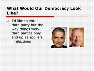 What Would Our Democracy Look Like? I’d like to vote third party but the way things work third parties only end up as spoilers in elections 
