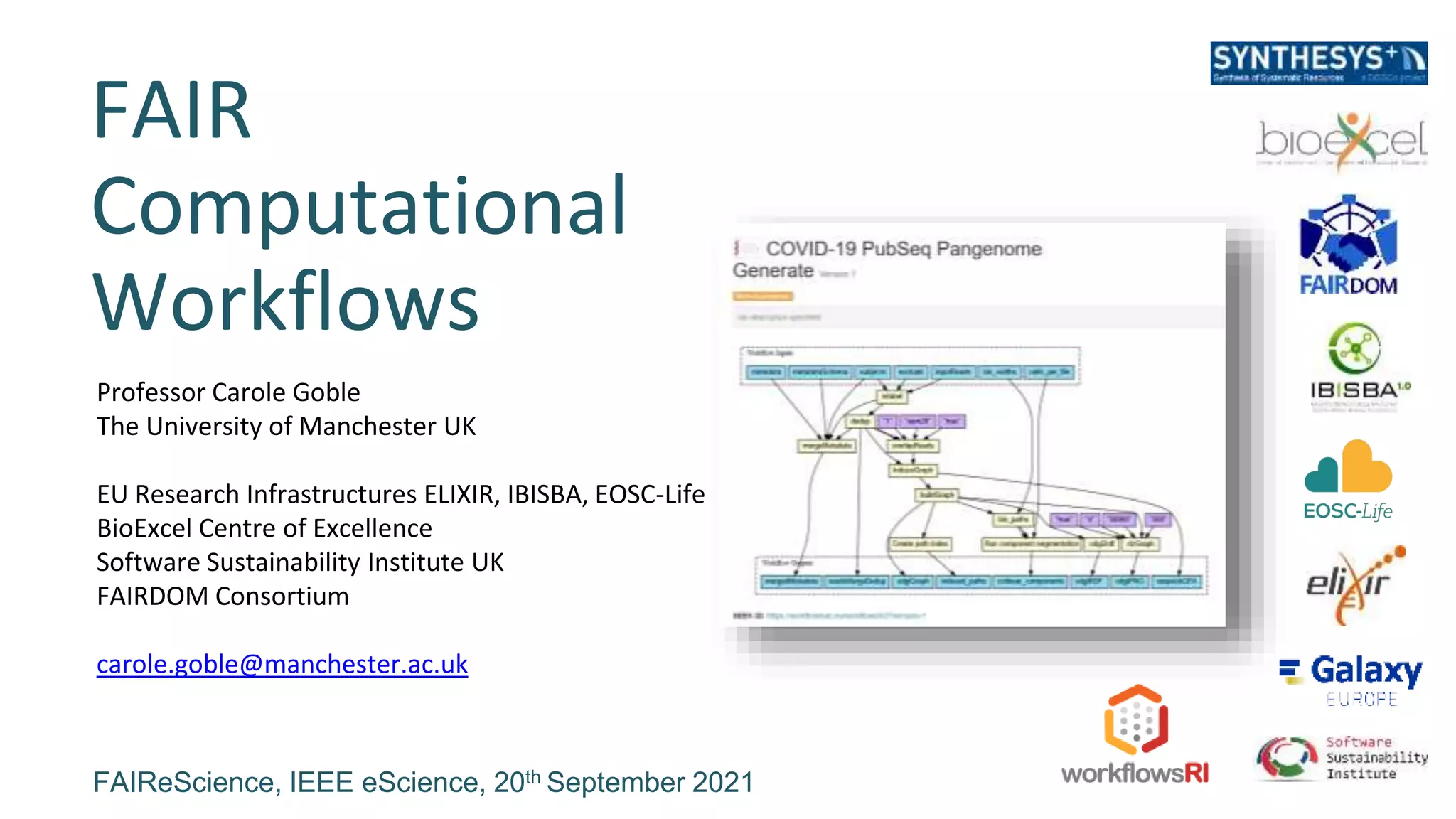 FAIR
Computational
Workflows
Professor Carole Goble
The University of Manchester UK
EU Research Infrastructures ELIXIR, IBISBA, EOSC-Life
BioExcel Centre of Excellence
Software Sustainability Institute UK
FAIRDOM Consortium
carole.goble@manchester.ac.uk
FAIReScience, IEEE eScience, 20th September 2021
 