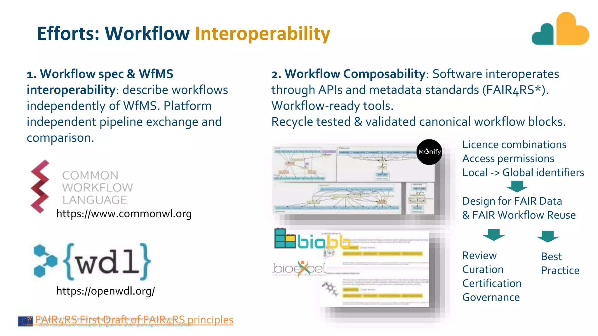 Efforts: Workflow Interoperability
1. Workflow spec & WfMS
interoperability: describe workflows
independently of WfMS. Platform
independent pipeline exchange and
comparison.
2. Workflow Composability: Software interoperates
through APIs and metadata standards (FAIR4RS*).
Workflow-ready tools.
Recycle tested & validated canonical workflow blocks.
https://openwdl.org/
https://www.commonwl.org
Design for FAIR Data
& FAIR Workflow Reuse
Review
Curation
Certification
Governance
Licence combinations
Access permissions
Local -> Global identifiers
Best
Practice
* FAIR4RS First Draft of FAIR4RS principles
 