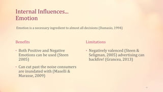 Internal Influences...
Emotion
Benefits
• Both Positive and Negative
Emotions can be used (Steen
2005)
• Can cut past the noise consumers
are inundated with (Maselli &
Marasse, 2009)
Limitations
• Negatively valenced (Steen &
Seligman, 2005) advertising can
backfire! (Grancea, 2013)
Emotion is a necessary ingredient to almost all decisions (Damasio, 1994)
11
 