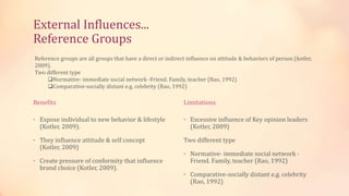 External Influences...
Reference Groups
Benefits
• Expose individual to new behavior & lifestyle
(Kotler, 2009).
• They influence attitude & self concept
(Kotler, 2009)
• Create pressure of conformity that influence
brand choice (Kotler, 2009).
Limitations
• Excessive influence of Key opinion leaders
(Kotler, 2009)
Two different type
• Normative- immediate social network -
Friend. Family, teacher (Rao, 1992)
• Comparative-socially distant e.g. celebrity
(Rao, 1992)
Reference groups are all groups that have a direct or indirect influence on attitude & behaviors of person (kotler,
2009).
Two different type
Normative- immediate social network -Friend. Family, teacher (Rao, 1992)
Comparative-socially distant e.g. celebrity (Rao, 1992)
 