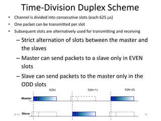 28 January, 2020 10
Time-Division Duplex Scheme
• Channel is divided into consecutive slots (each 625 s)
• One packet can be transmitted per slot
• Subsequent slots are alternatively used for transmitting and receiving
– Strict alternation of slots between the master and
the slaves
– Master can send packets to a slave only in EVEN
slots
– Slave can send packets to the master only in the
ODD slots
 