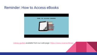 Reminder: How to Access eBooks
Library guides available from our web page: https://www.ncad.ie/library
 