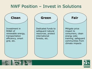 NWF Position – Invest in SolutionsCleanGreenFairMitigate price impact to consumers, clean energy jobs training, safeguard communities from climate impactsInvestment in RD&D of renewable energy, transportation efficiency, smart grid, etc.Dedicated funds to  safeguard natural resources, protect international forests, etc.