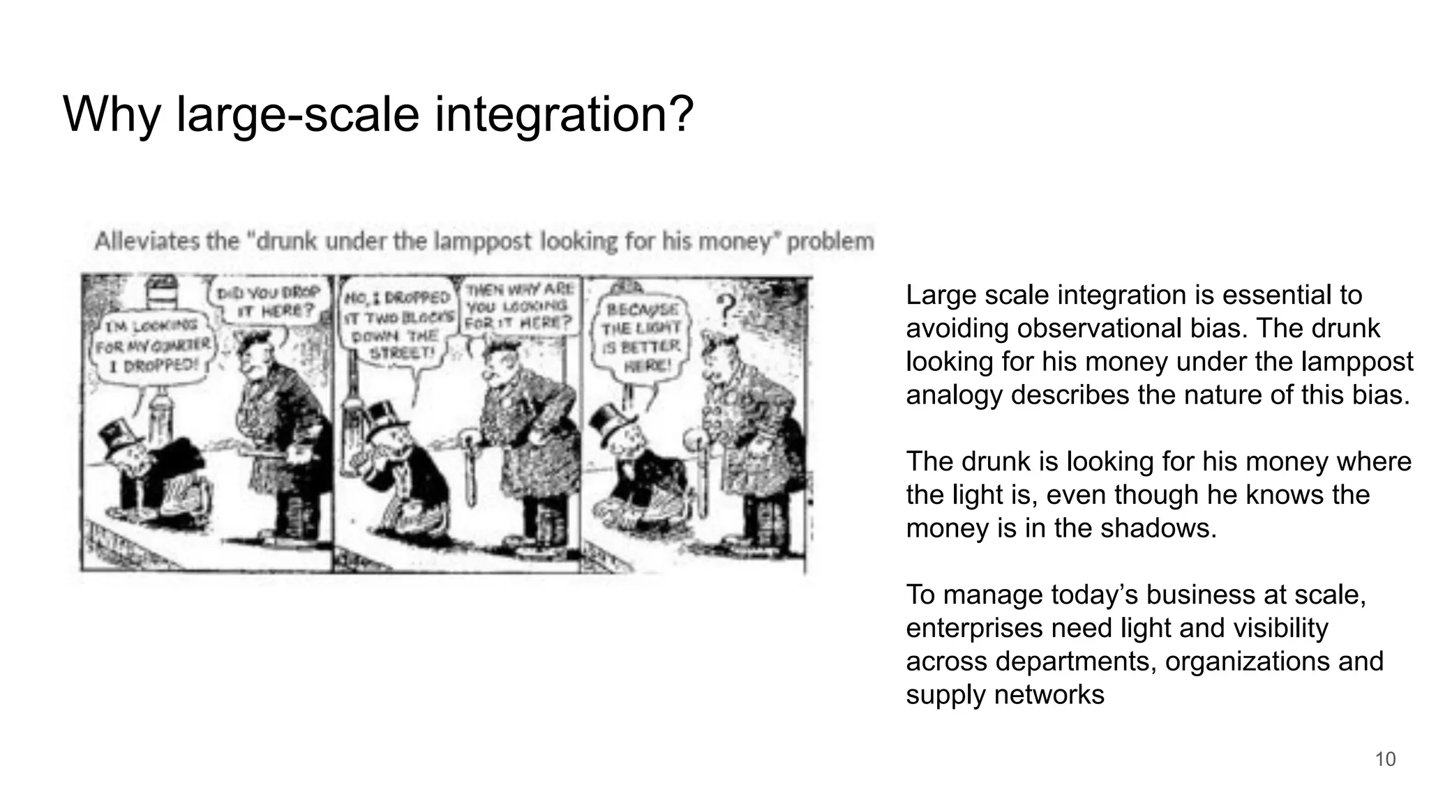 Why large-scale integration?
10
Large scale integration is essential to
avoiding observational bias. The drunk
looking for his money under the lamppost
analogy describes the nature of this bias.
The drunk is looking for his money where
the light is, even though he knows the
money is in the shadows.
To manage today’s business at scale,
enterprises need light and visibility
across departments, organizations and
supply networks
 