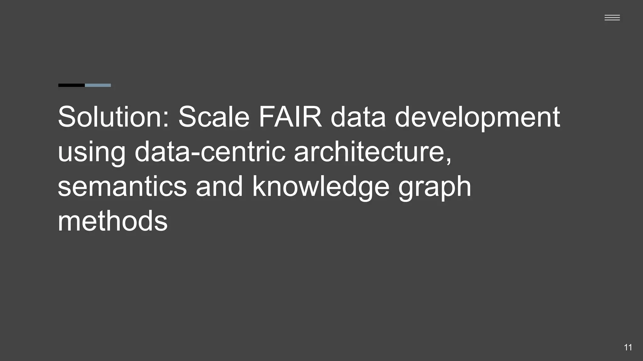 Solution: Scale FAIR data development
using data-centric architecture,
semantics and knowledge graph
methods
11
 